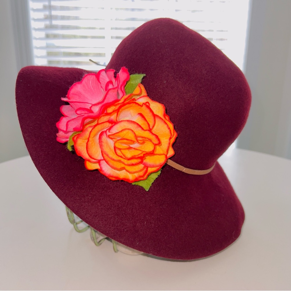 Wool Burgundy Hat with Floral and Suede Accents
